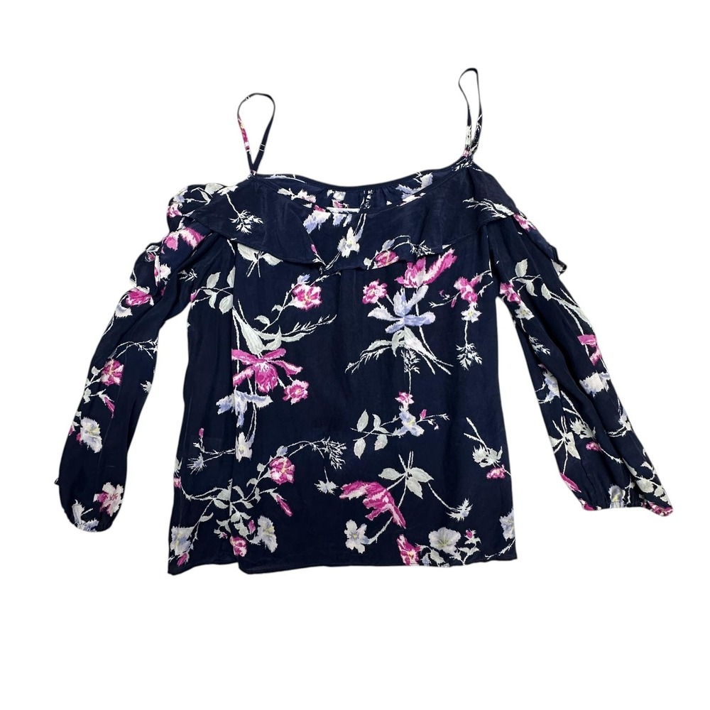 Joie Blouse Womens Small Blue Floral Silk Cold Shoulder Ruffle Top Long Sleeve - Picture 2 of 8